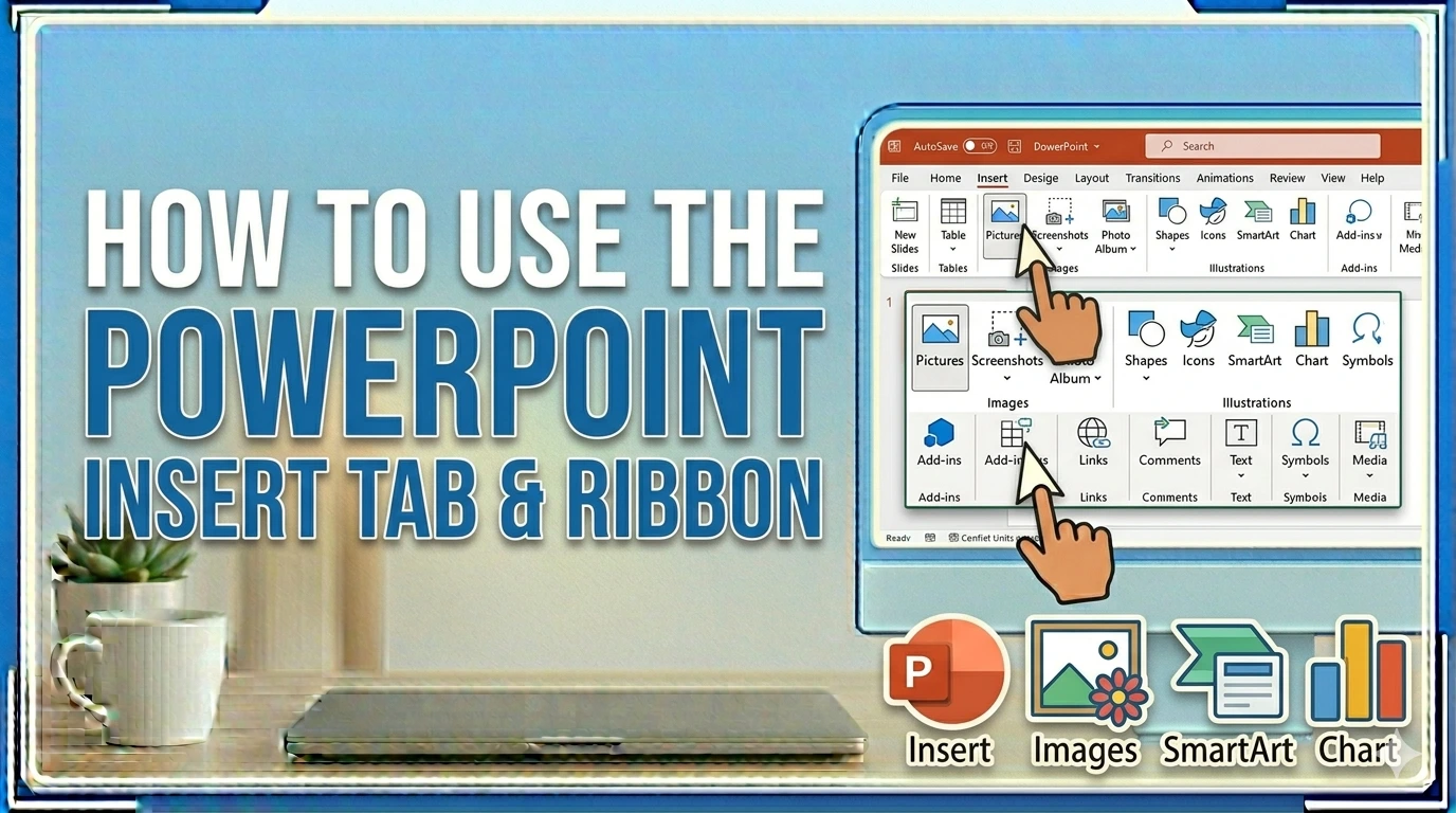 How To Use Powerpoint Insert Tab And Ribbon Graphic depicting the powerpoint insert ribbon