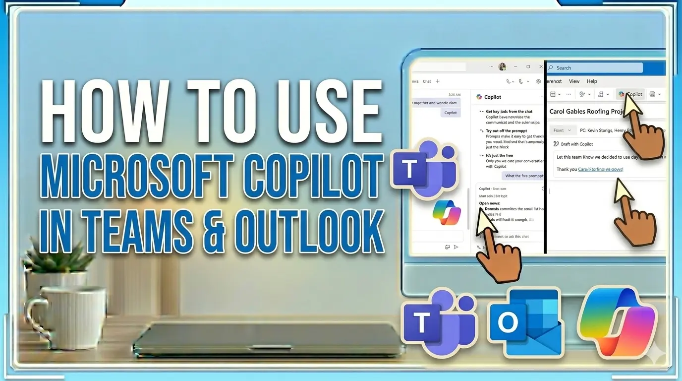 How To Use Microsoft Copilot In Teams And Outlook Graphic depicting using copilot in teams and outlook
