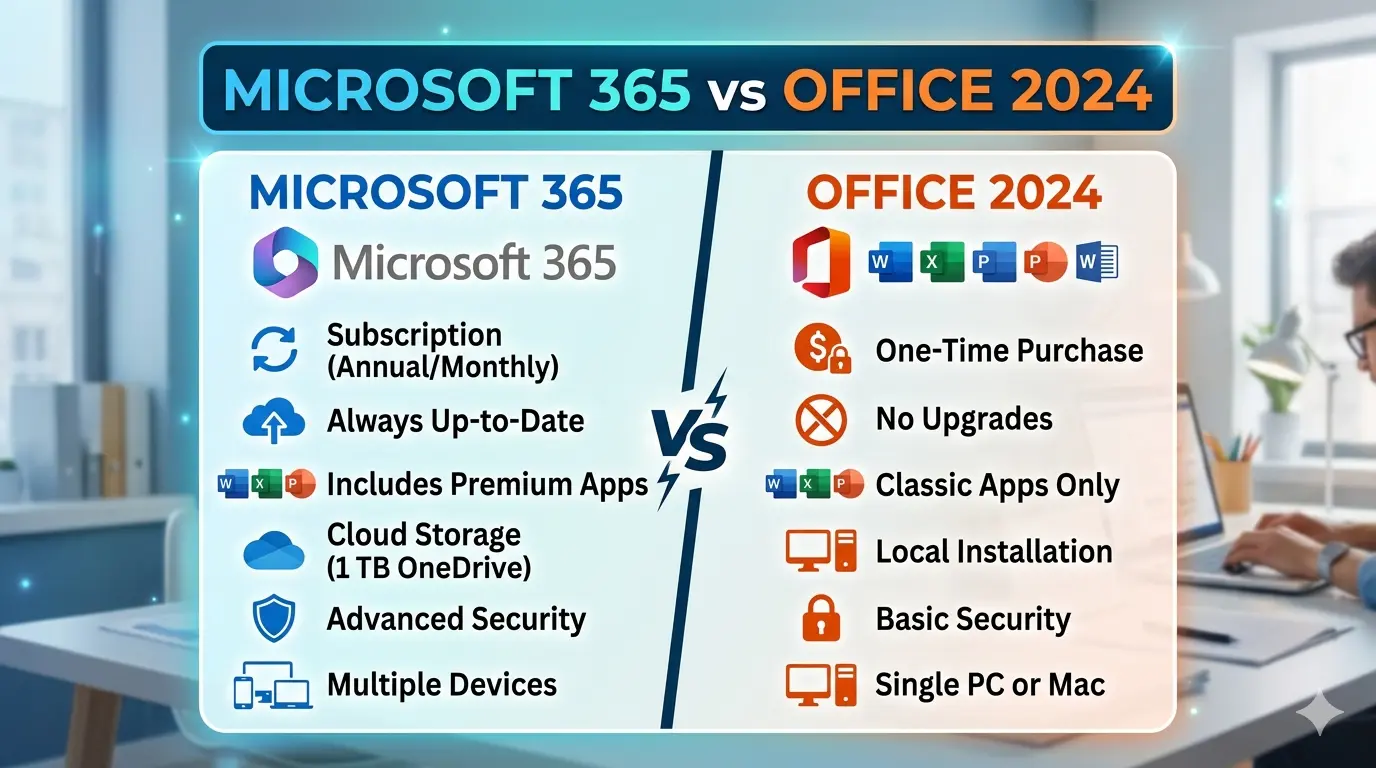 Microsoft 365 Vs Office 2024 A comparison table showing microsoft 365 vs office 2024