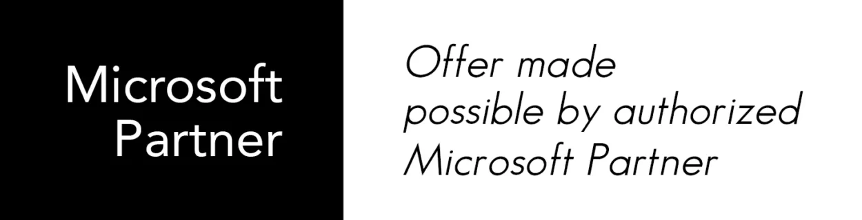 A black background with white text saying 'microsoft partner' on the left, a white background with black text saying 'offer made possible by authorized microsoft partner' on the right.