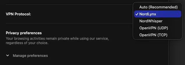 Nordvpn protocol settings showing nordlynx and openvpn options