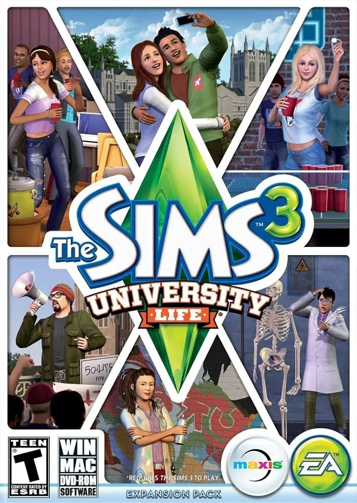 The Sims 3 University Life Product image showing digital artwork for the sims 3 university life dlc ea app cd key
