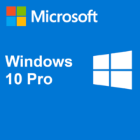Blue background with microsoft logo at top left, "windows 10 pro" text in the center, and a windows logo on the right.