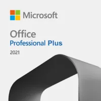 Microsoft office professional plus 2021 cover image. Features the microsoft logo and a sleek, modern curved design element against a gray background.